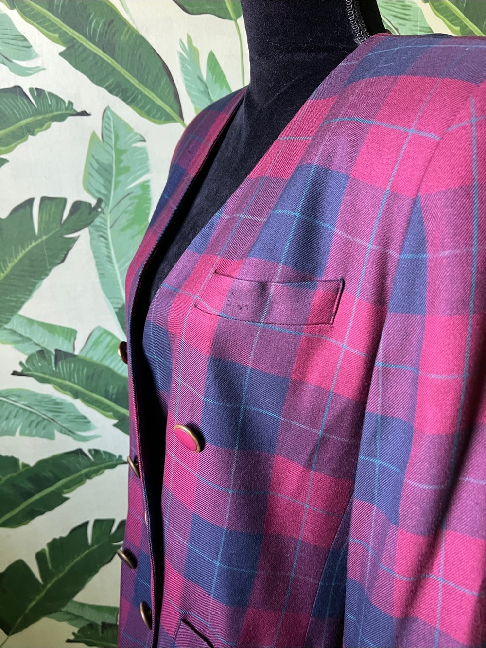 Vintage Worthington Petite Burgundy Navy Blue Plaid Check Preppy Blazer 10 - Picture 4 of 7